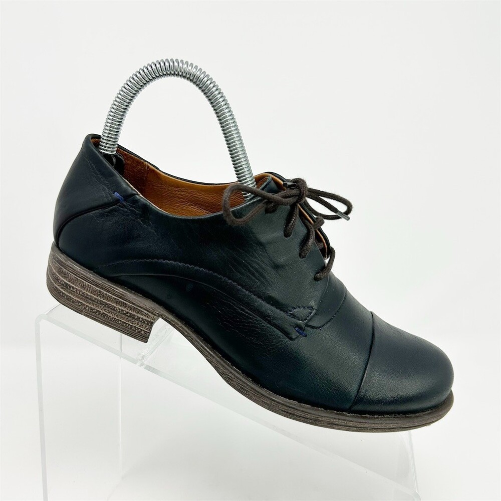 Miz Mooz Women's Black Navy Blue Oxford Shoes Cap Toe Lace Up Low Stacked Heel 6